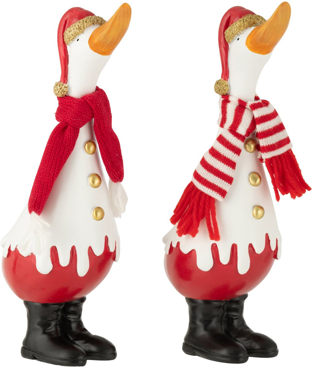 J-Line Eend Winter decoratie figuur - wit/rood - polyresin - 2 stuks