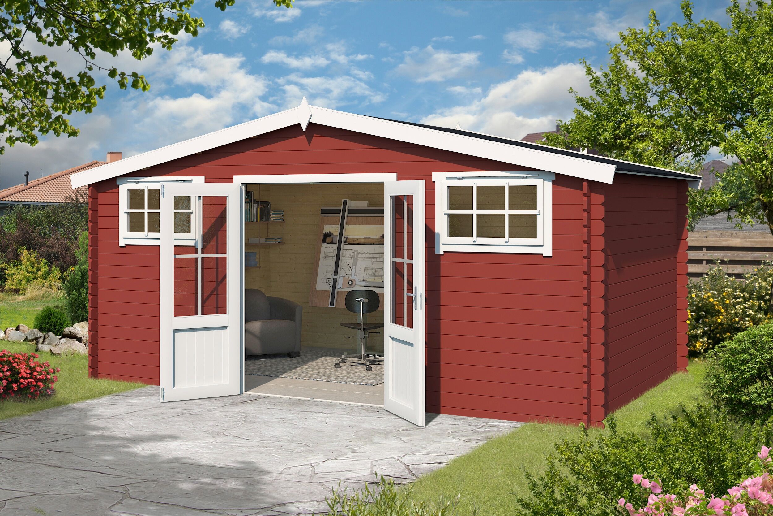 Gartenhaus LASITA MAJA "Washington", rot (schwedenrot), ohne Fußboden, ohne Dacheindeckung, Massivholz, Gartenhäuser, Gartenhaus, Blockbohlenhaus 28mm