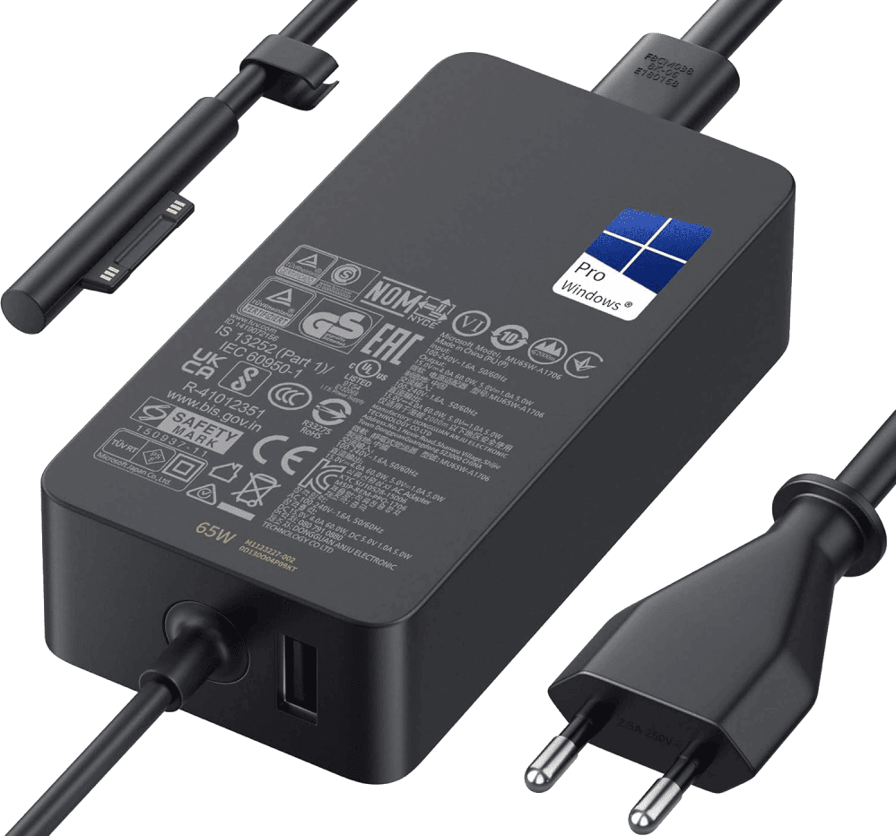 Cargador para portátil - Microsoft Surface Pro, 65W, USB, Negro, Magnético, Compatible Serie Surface, Negro