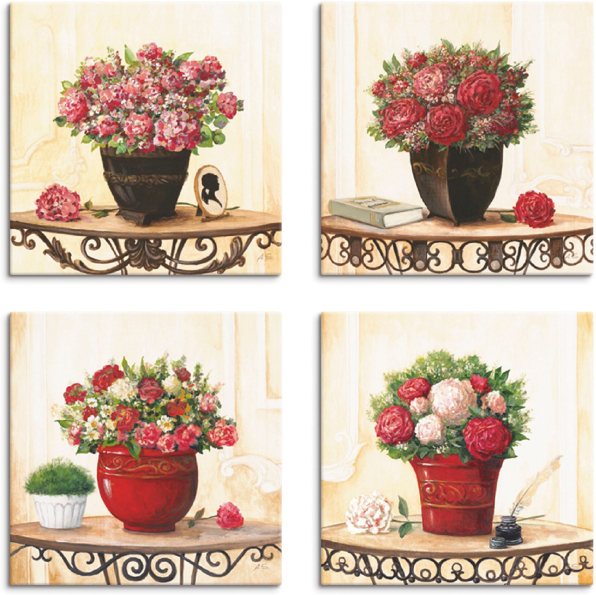 Leinwandbild ARTLAND "Hortensien Nelken Rosen Pfingstrosen", beige (farbe bild(er): naturfarben), B:30cm H:30cm, Leinwand, MDF, Bilder, Leinwandbild, 4er Set, verschiedene Grössen farbe bild(er): naturfarben B/H/T: 30cm x 30cm, Leinwandbild Blumen quadrat