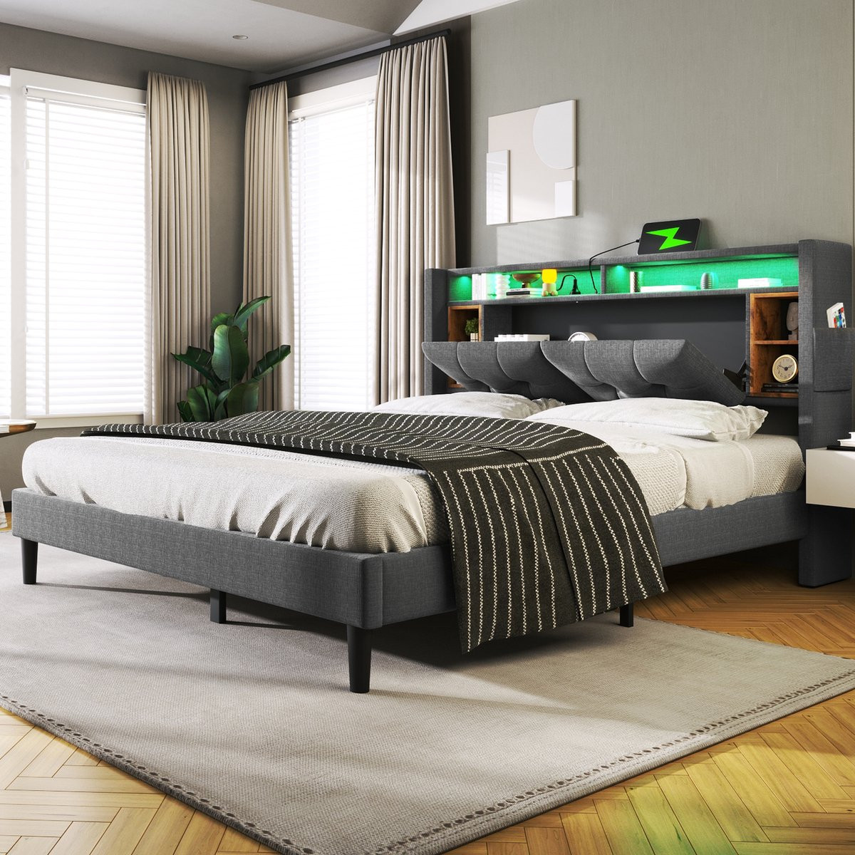 MODFU Gestoffeerd Bed met Opberg Hoofdbord, USB-poorten en LED-verlichting, Grijs, 160 x 200 cm