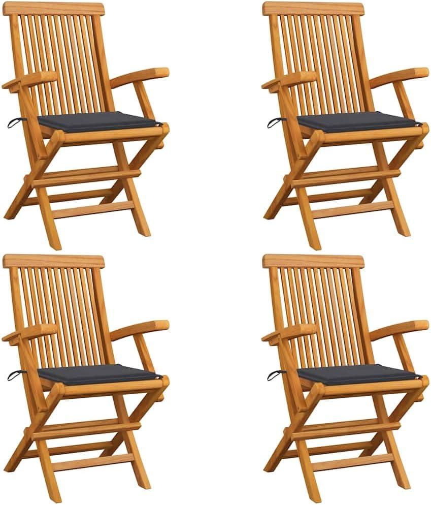 Set aus 4 Teakholz-Gartenstühlen mit anthrazitfarbenen Terrassen- und Terrassenkissen