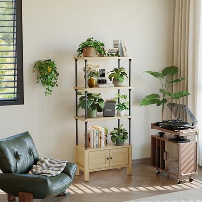 SUGIFT 4-Tier Open Bookshelf, 55-in Tall with 2-Door Lower Cabinet and Metal Frame, Freestanding Display Shelf for Living Room, Brown