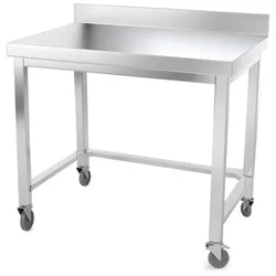 Edelstahl-Arbeitstisch 1200 x 700 mm, angelehnt, mit Verstärkung auf PREMIUM-Rollen. GOLDINOX