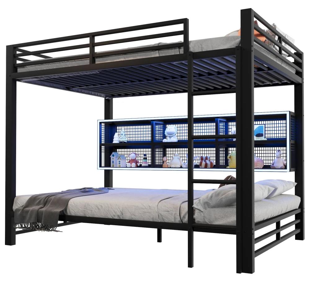 Etagenbett - Metallrahmen - 140 x 200 cm - 6 Aufbewahrungsschränke - LED-Beleuchtung - Schutzgitter - Schwarz