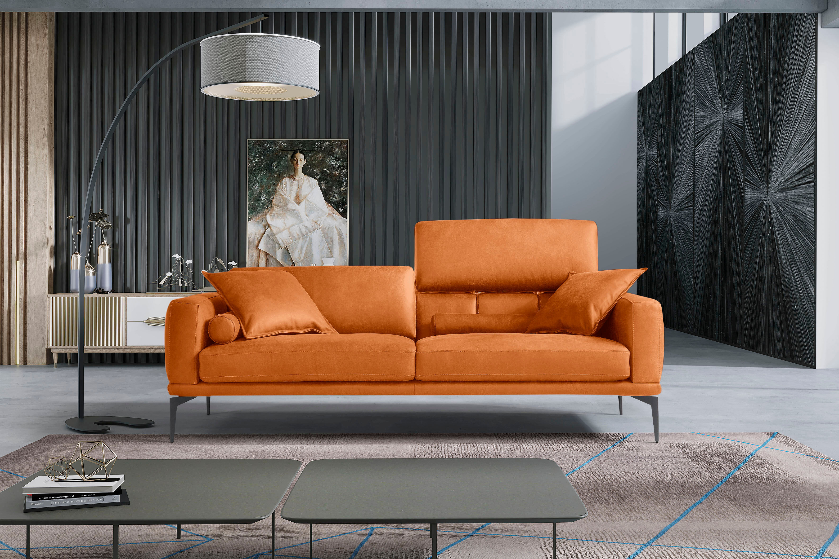 2,5-Sitzer EGOITALIANO "Masu, Designsofa mit erstklassigem Sitzkomfort, Breite 218cm", orange, B:218cm H:95cm T:97cm, Leder »BULL« (echtes Rindsleder). Geschliffenes, pigmentiertes und behandeltes Rindsleder mit einer Dicke von 1, 3-1, 5 mm. Dieses Leder 