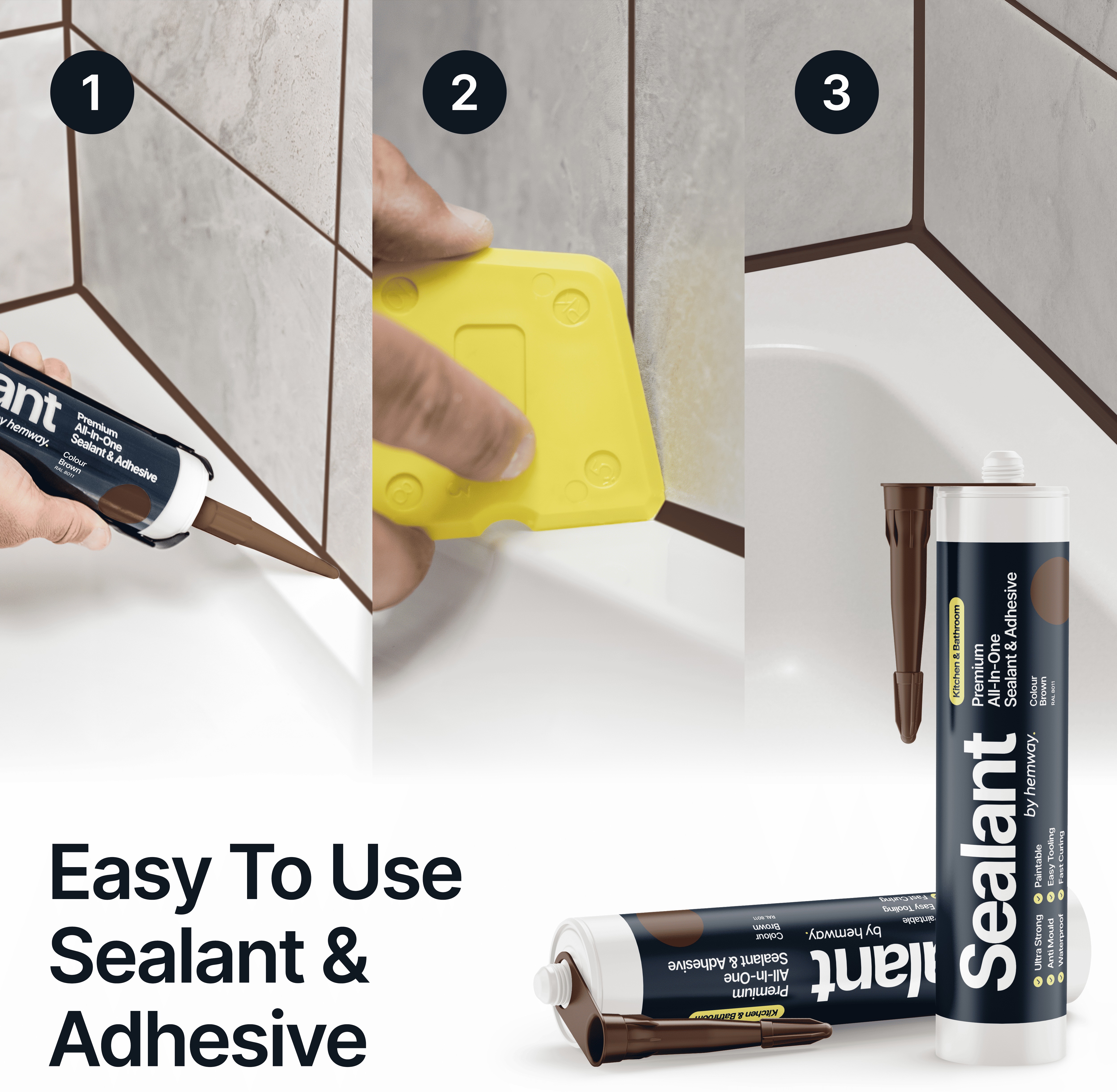 Hemway Kitchen & Bathroom Sealant & Adhesive   Nut Brown   Hybrid Polymer   All-In-One - Nut Brown - 300ml
