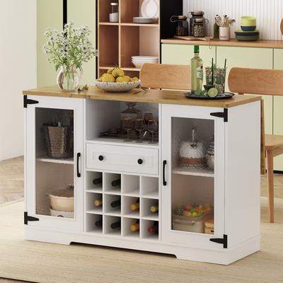 Loedds Wine Cabinet with Drop Leaf, Wine Cubes, Water-Ripple Glass Doors & LED Light