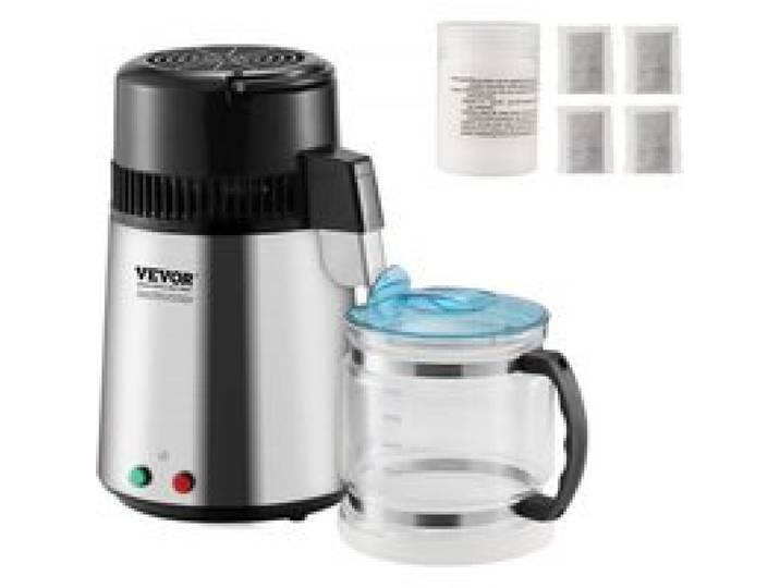 VEVOR Wasser-Destilliergerät Destilliergerät, 4 L Gereinigtes Wasser Reiniger Filter, 750 W Destilliertes Wasser Maker, Edelstahl Innenraum Destilliergerät Wasser Silber Haushalt 1 LWasser pro Std.