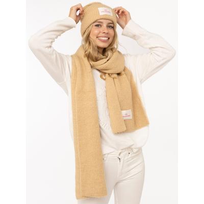 Strickschal ZWILLINGSHERZ "Zwillingsherz Patch", Damen, beige, Strick, Materialmix, unifarben, Modetücher, gerippt, mit Wolle und Patch