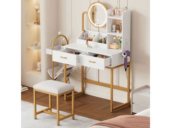 Coiffeuse - Becag - Coiffeuse moderne avec éclairage LED et tabouret - 2 tiroirs - 80x40x138.5cm - Blanc