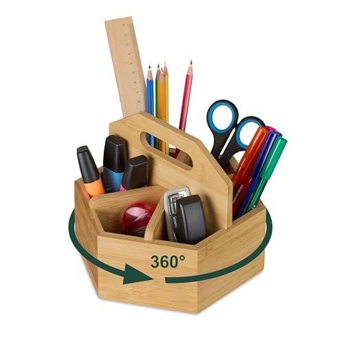 Relaxdays Pennenbak draaibaar bamboe, 6 vakken, beige/bruin, H 19 x B 17 x D 15 cm