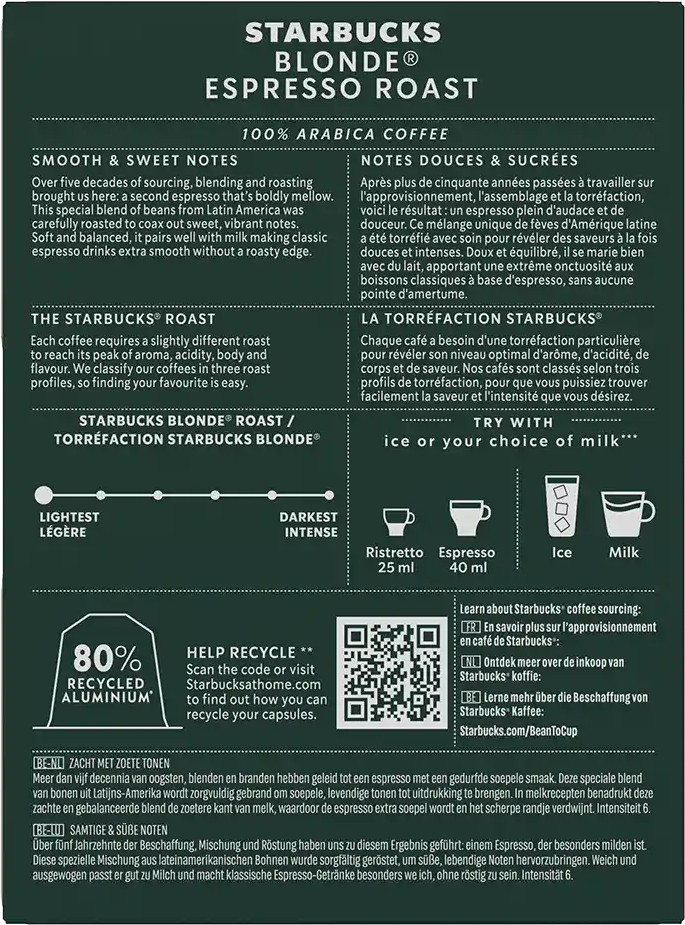 Starbucks®   Blonde Espresso Roast - 18 Capsules de café pour Nespresso® - Espresso - Compatible Nespresso®