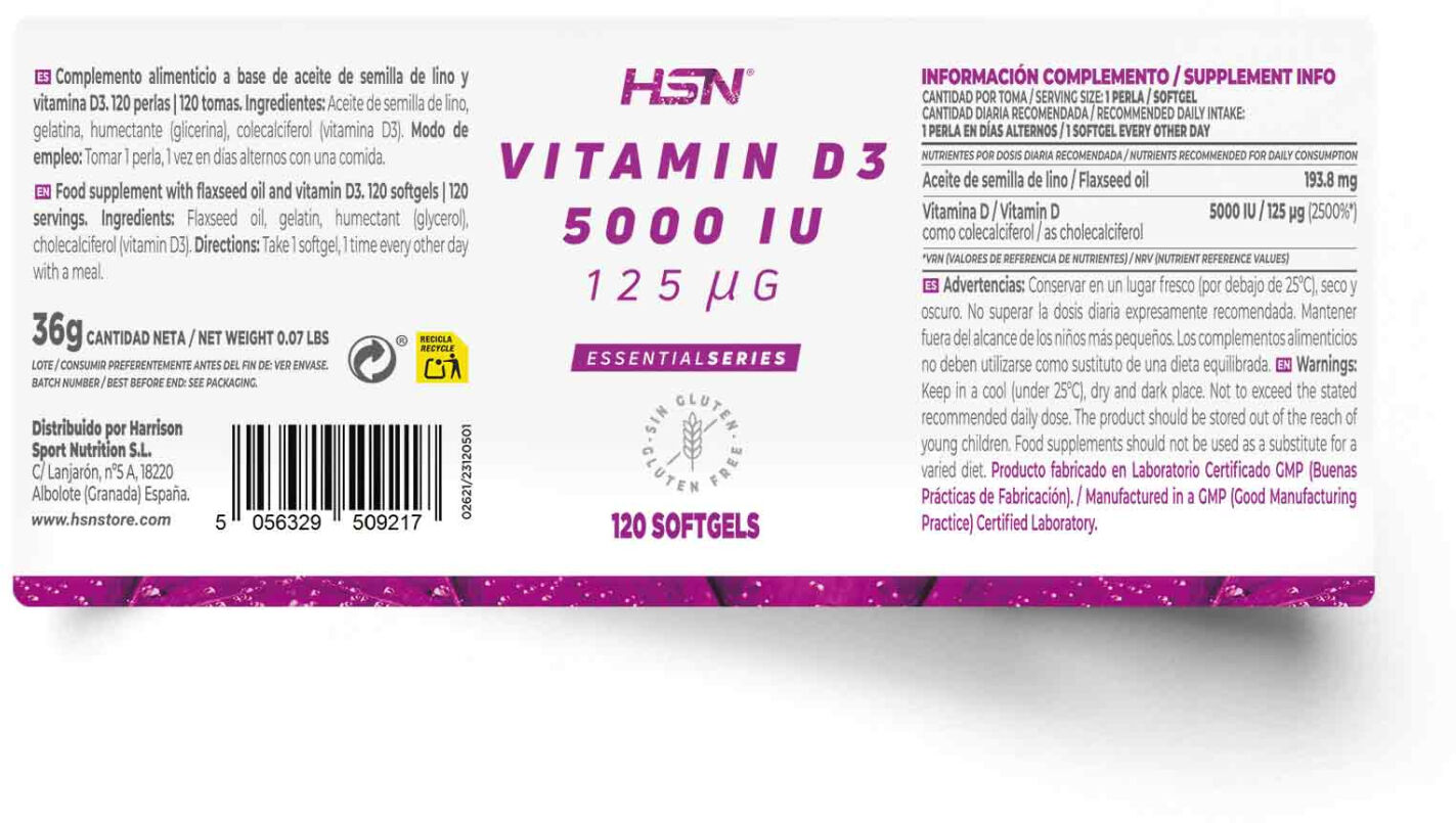 HSN Vitamina D3 5000UI - 120 perlas - Huesos y articulaciones - Perlas - 120  Servicios