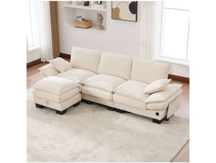 ELVORIN Canapé modulable 3 places avec ottoman 260x132x84 cm corduroy beige USB C poches latérales