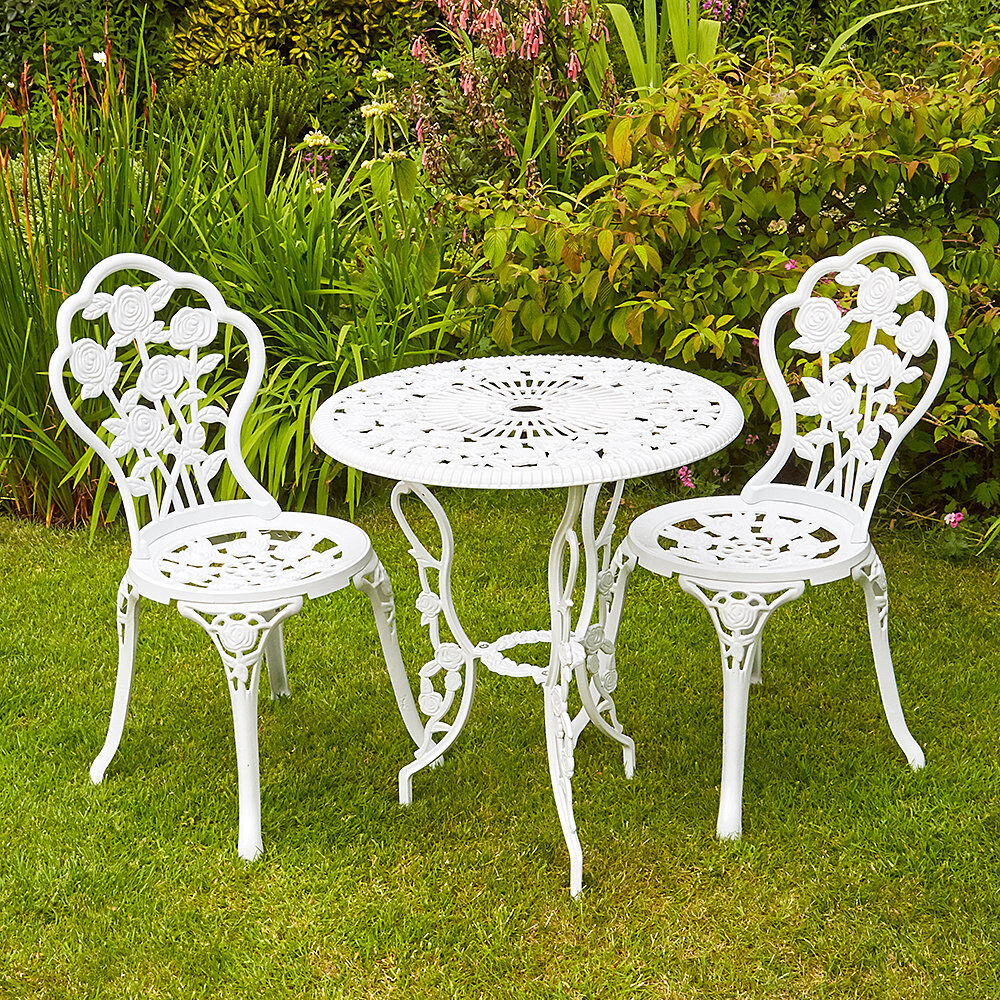 Lily Manor Germain Rose Floral Outdoor Garden Patio Bistro Set White 2