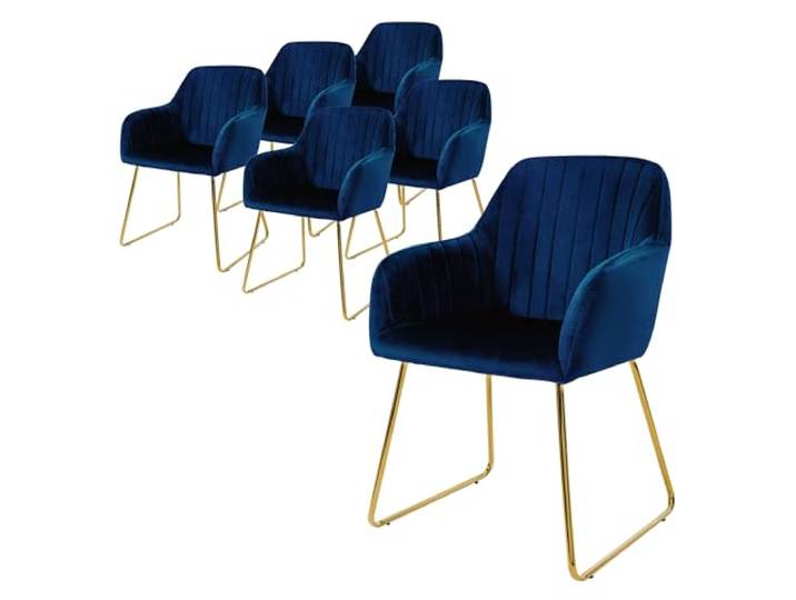 ML-Design Esszimmerstühle 6er Set, Sitzfläche aus Samt, Blau, Wohnzimmerstuhl mit Rücken- und Armlehnen, Küchenstuhl Gold Beine, Polsterstuhl mit Metallgestell, Ergonomische Sessel für Esstisch