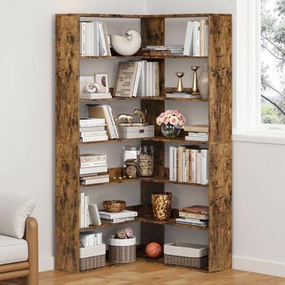 "Garvee Corner Bookshelf, 6-Tier 71"" Tall L-Shaped Wooden Bookcase with Baffles, Industrial Storage Display Shelf"