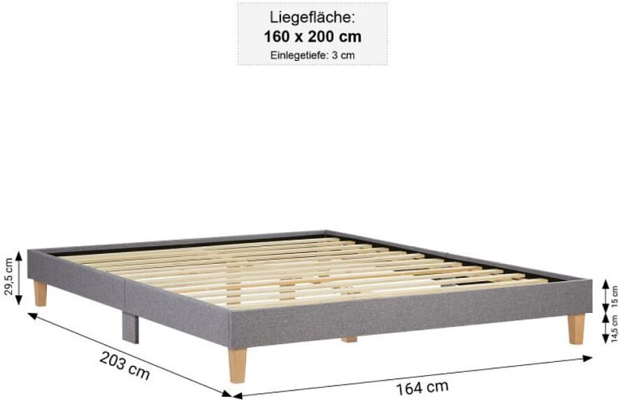Homestyle4U Lit Futon Double 160 x 200 Tissu Gris Gris 164x30x203cm