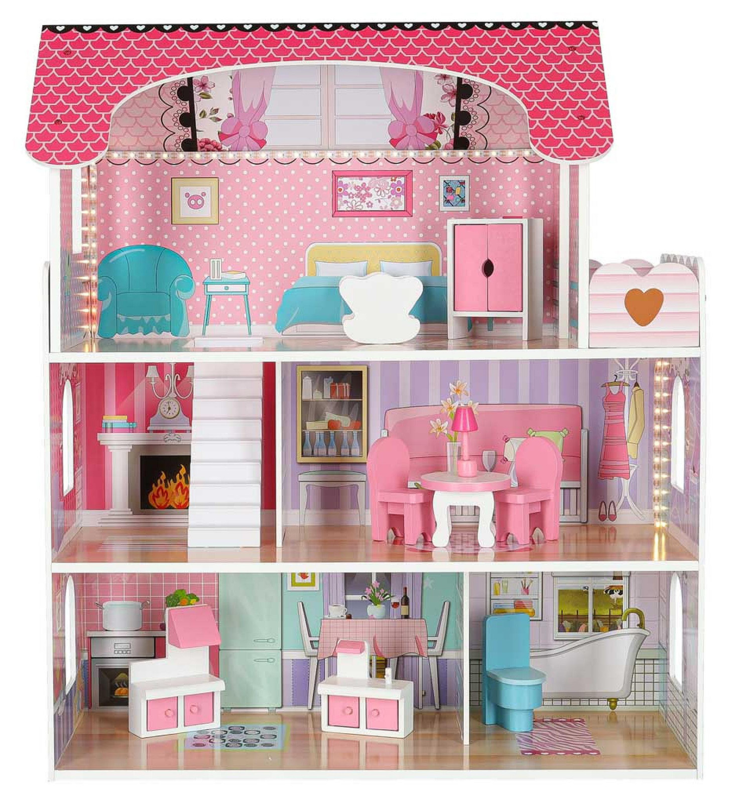 Ikonka Poppenhuis van MDF met Meubilair en LED-verlichting, Roze, 70 cm