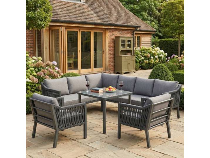 Mobilier jardin Ensemble repas de jardin pour 8 personnes en disposition d'angle cadre en fer galvanisé