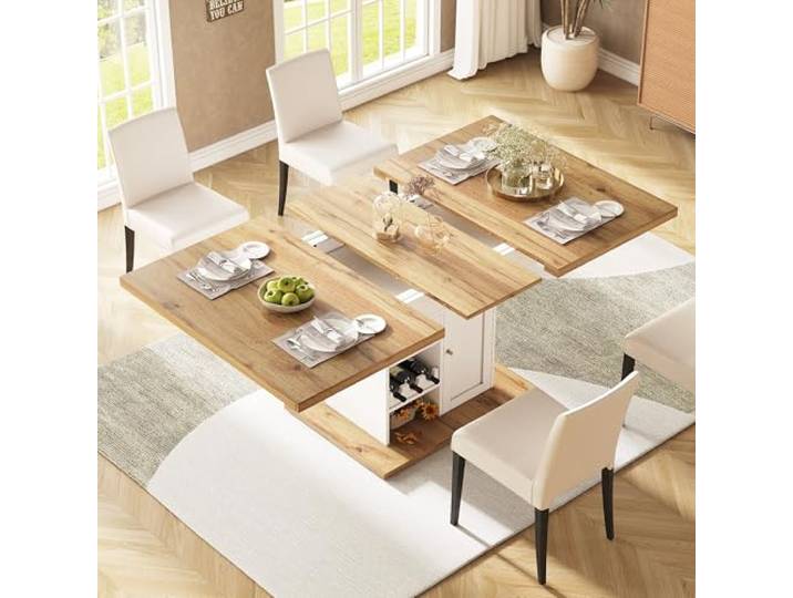 Ropilly ausziehbarer Esstisch für 4 bis 6 Personen mit Stauraum Beidseitig ausziehbarer Esstisch mit Klapptür, Schublade, Regalböden sowie Snack- und Weinregal für Küche und Wohnzimmer