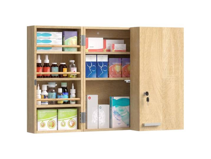 Armoire à pharmacie - HOMCOM - murale - avec double porte verrouillable 2 clés - Bois et métal - 53x20x53cm - chêne