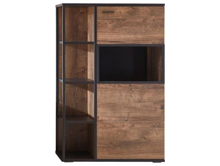 Cantus Highboard Bastian, Schwarz, Eiche, Dunkelgrau, Metall, Glas, 6 Fächer, 90x140x37 cm, Beimöbel erhältlich, stehend, Wohnzimmer, Kommoden & Sideboards, Highboards