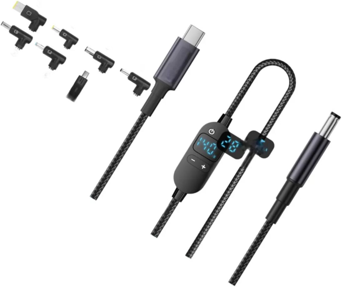 INF Einstellbares Spannungs-Digitalanzeige Type-C-auf-DC-Ladekabel 140W PD3.1 mit 7 leistungsstarken Adapterspitzen