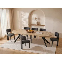 Esstisch - ausziehbar - 6 bis 12 Personen - MDF & Stahl - Helles Holz & Schwarz - KOMONI