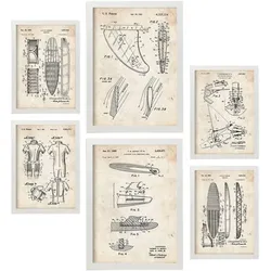 POSTER Set Mit 6 Plakaten Mit Surfen Patenten Im Vintage Stil A3 & A4 Weißer Rahmen