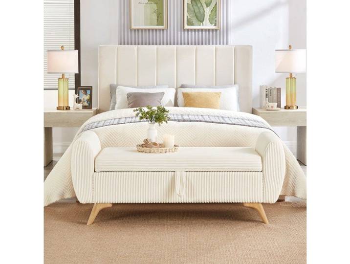 Banquette Coffre En Velours Côtelé Beige Banquette Fixe Moderne FloraGrace Pour Chambre Pliable 145x51x45cm