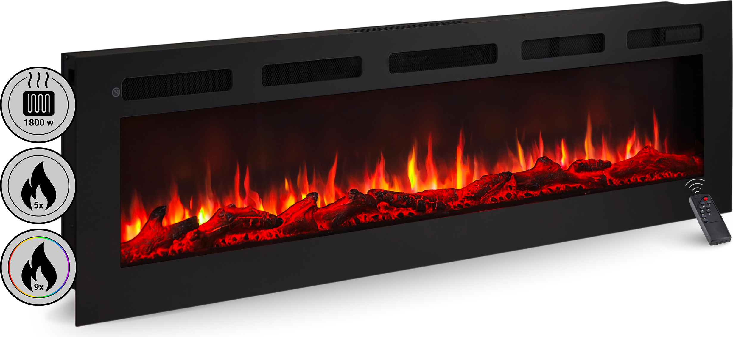BALDERIA Elektrokamin Leif 60" | 3in1 Stand-, Wand- oder Einbaukamin, LED 3D-Flammeneffekt, dimmbar, mit Heizung 1800W, Timer, Thermostat, Startsteuerung, Offene-Fenster-Erk, Fernbedienung | Schwarz