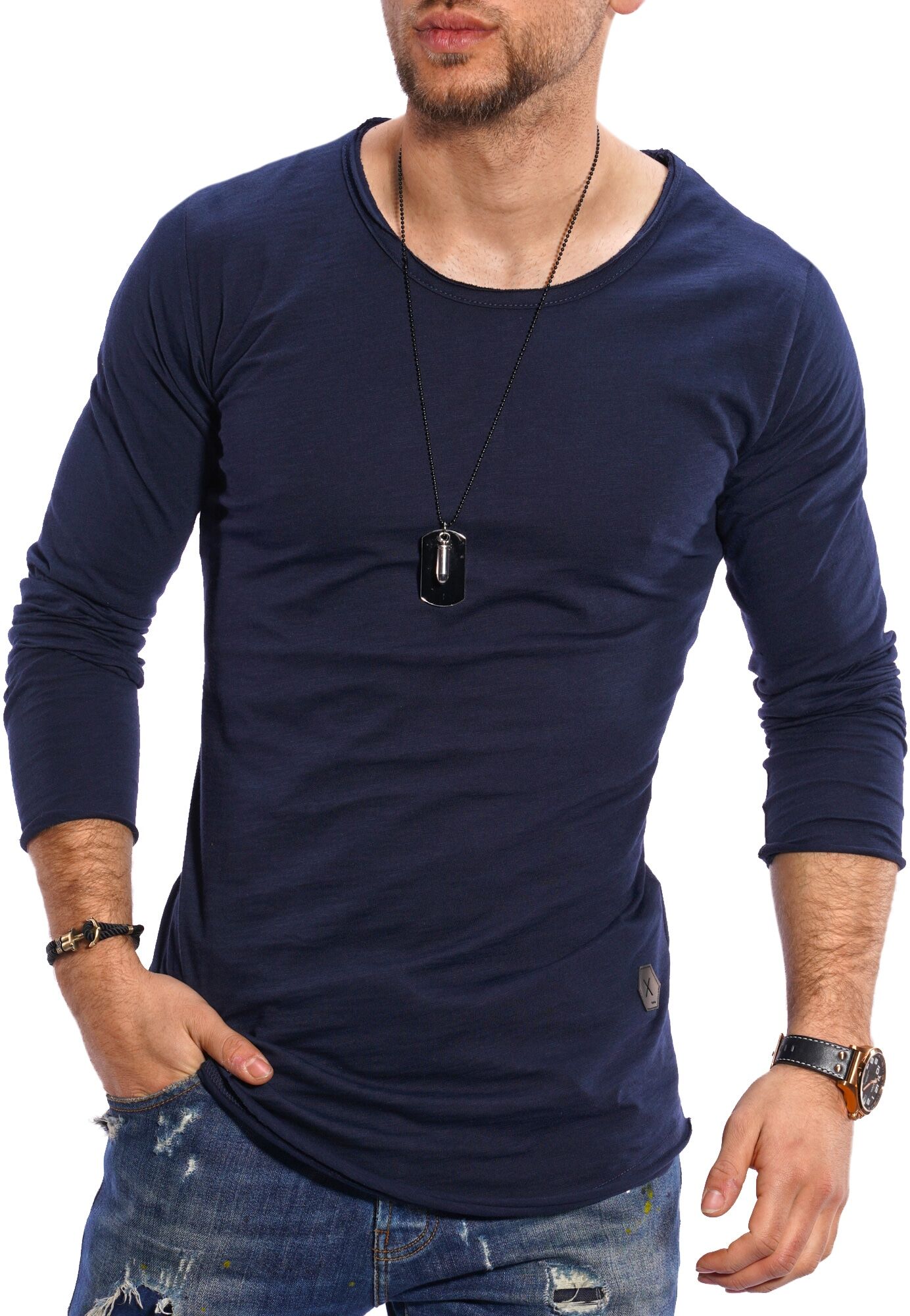 Langarmshirt BEHYPE "Dust L/S", Herren, Gr. 3XL, blau, 100% Baumwolle, unifarben, Shirts Langarmshirt, mit weitem Halsausschnitt