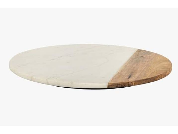 Licht-Erlebnisse Drehteller Marmor Mangoholz Ø 50 cm groß Handarbeit Unikat in Weiß Natur vielseitig Servierplatte Teller für Sushi Tapas Drehplatte Esstisch Küche