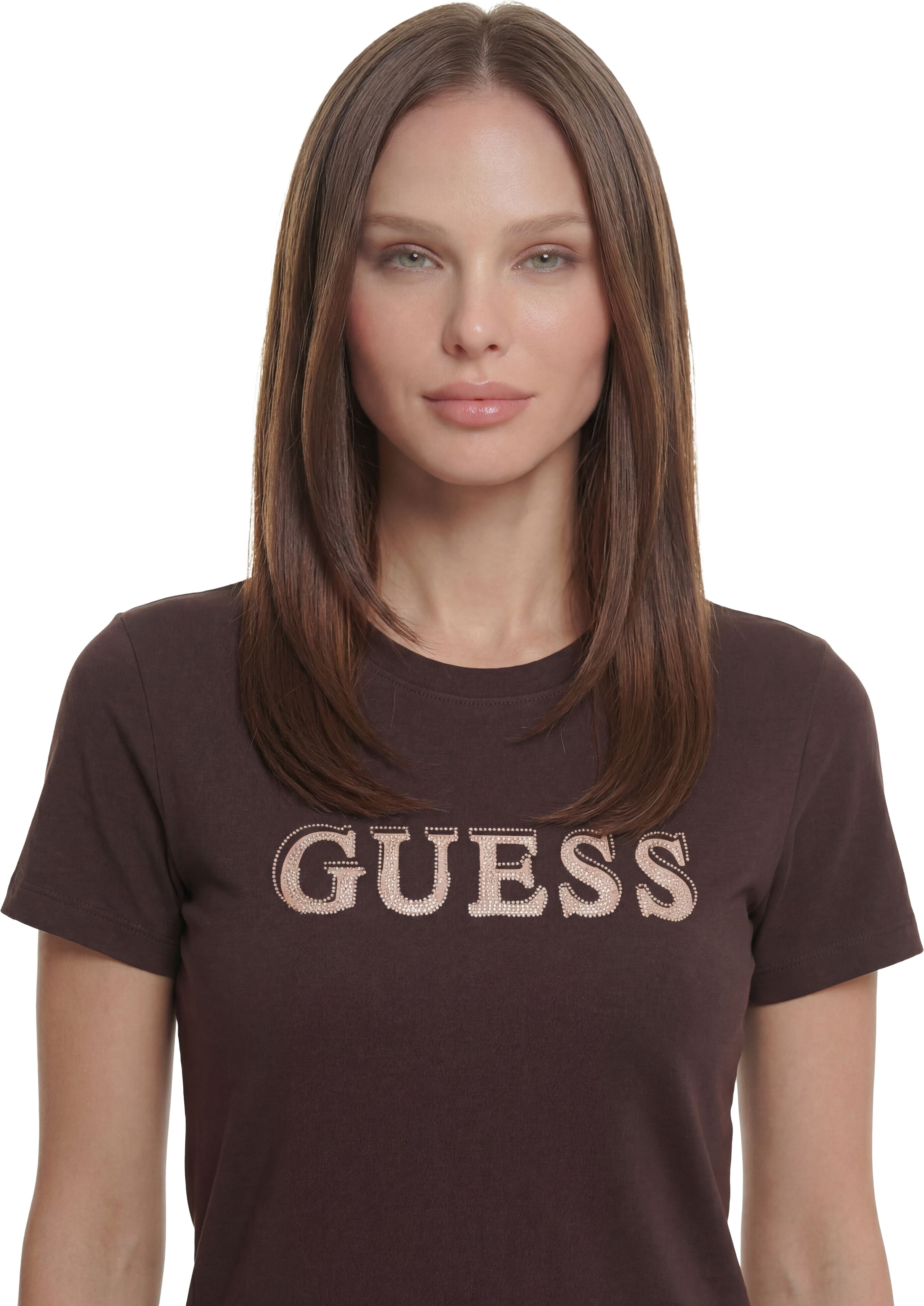 T-Shirt GUESS "FAUSTA CN SS T-SHIRT", Damen, Gr. M (29), braun (cold brew), Single Jersey, Obermaterial: 100% Baumwolle, bedruckt, regular fit hüftlang, Rundhals, abgesteppte Kante, Shirts T-Shirt, mit Logoschriftzug, Regular Fit cold brew M (29)