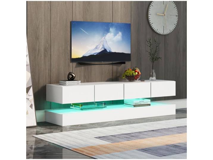 SENVIRO meuble TV mural avec rangement suspendu et eclairage LED 130x33x15cm blanc