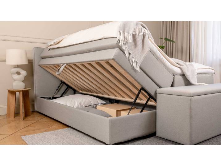 BRUNO Boxspringbett Premium mit Bettkasten 200x200cm in Hellgrau Matratzen-Härtegrad: Links H2 / Rechts H2 extra viel Stauraum & individuell konfigurierbar