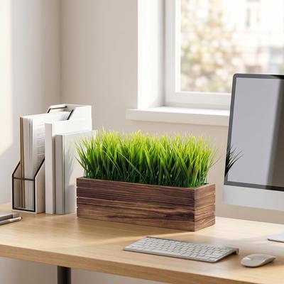 Garvee Artificial Greenery Realistic Faux Grass Plant for Home Decor – Rectangular Black Wooden Planter Box