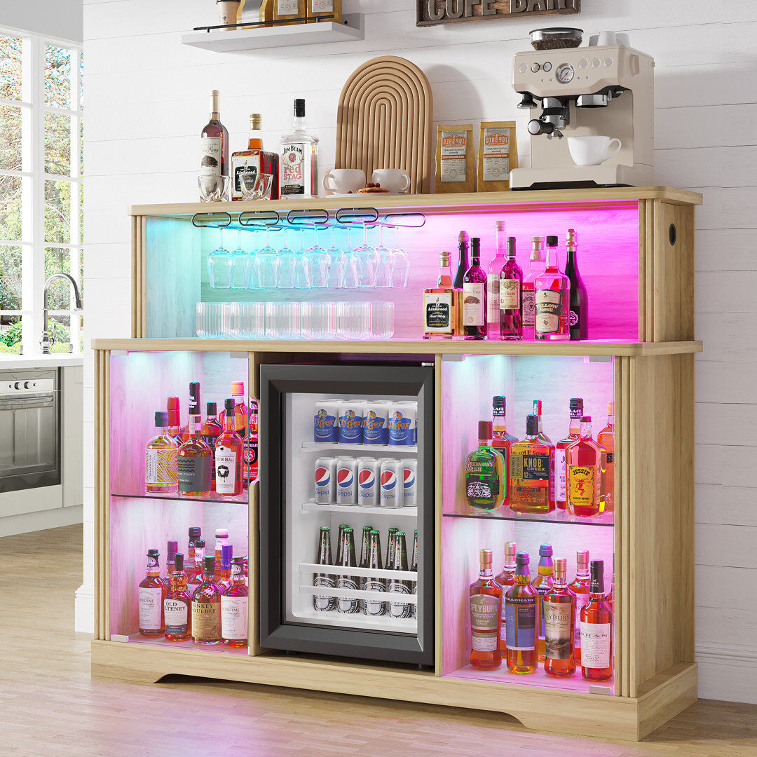 Metro Glass Wine Cabinet with Freestanding Wine Cooler Refrigerator, 4 Removable Wine Shelves, RGB Light Oak 120cm H X 120cm D X 44cm L