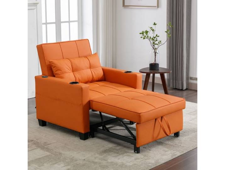 Canapé Convertible Inclinable en Similicuir Orange - Fauteuil Extensible avec Structure en Acier et Bois - Pour Bureau & Studio