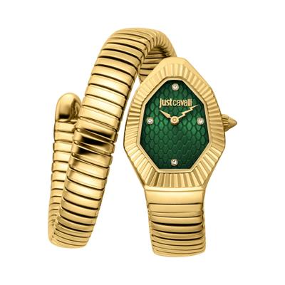 Quarzuhr JUST CAVALLI TIME "Signature Snake", gold (goldfarben, dunkelgrün), Armbanduhren, Damen, goldfarben, Quarzuhr, Armbanduhr, Edelstahlarmband, analog, Kristallsteine