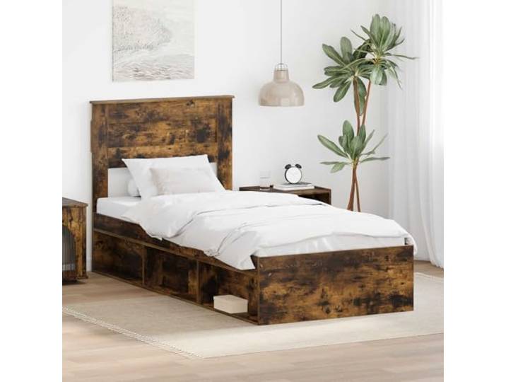 RJPLMFV Bettgestell, Eiche Rauch, 100 x 200 cm Massives Kiefernholz, modernes minimalistisches Design, inklusive Lattenrost, pflegeleicht