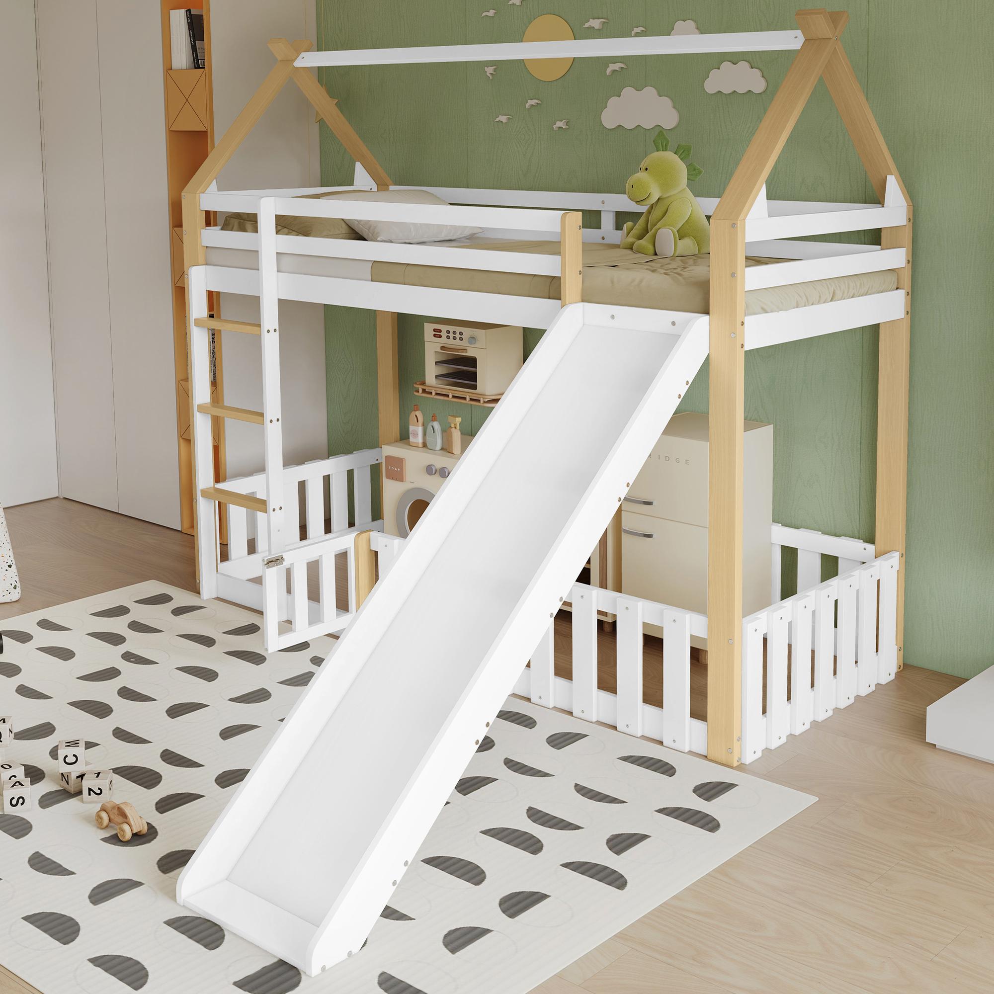 STILVORA Etagenbett 90x200 Kinderbett mit Rutsche,Holzbett Bettgestell mit Gitter auf allen Seiten,Jugendbett aus Exquisite Dachform,ohne matratze,Weiß+Natur