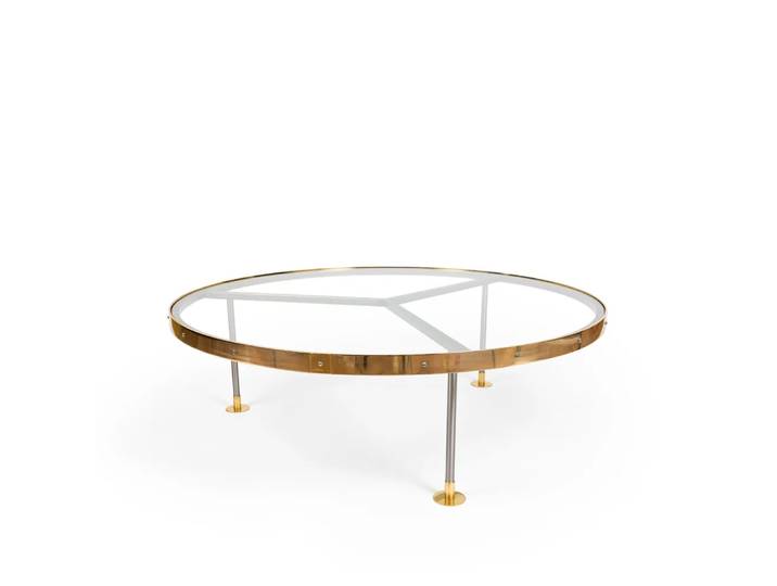 Scherlin Table basse 14 verre, structure en acier laqué, plaque en laiton