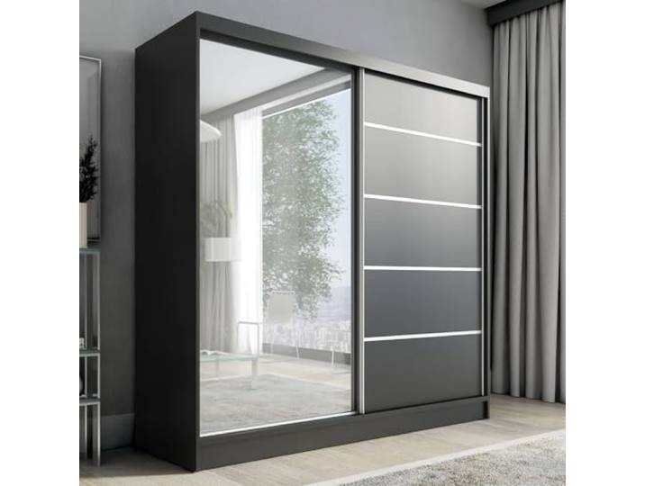 A&J MöbelLand Schwebetürenschrank Nero Kleiderschrank 2-türig mit Schubladen und Spiegel, Garderobe 200 cm (Schwarz)