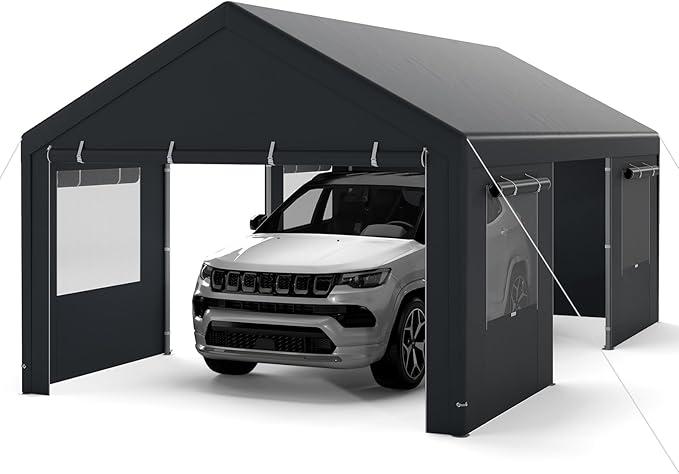 Zeltgarage Carport, 600 x 363 cm Garagenzelt Winterfest, Lagerzelt mit abnehmbaren Seitenwänden, Rolltüren & belüfteten Fenstern, Weidezelt Unterstand für Auto, SUV, LKW, PKW (Grau)