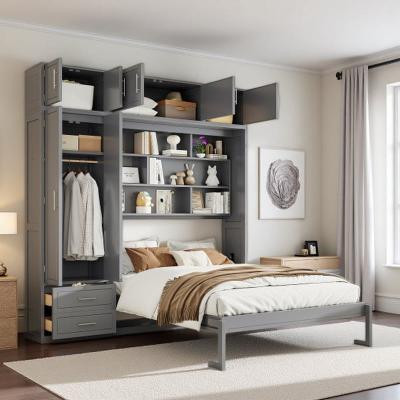 Queen Size Murphy Wall Bed Cabinet with Top Storage,Triple-Tier Shelving & Side Wardrobe,with 2 Large Drawers