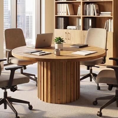 Bluebell "47"" Round Solid Wood Conference Table for 4-6 with Thicken Tabletop and Sturdy Fluted Base"