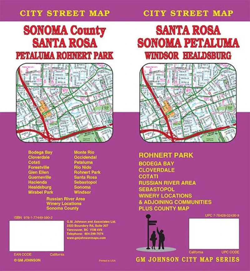 Plan des rues de la ville - Santa Rosa, Petaluma, Windsor, Healdsburg, Sonoma County, Rohnert Park   GM Johnson